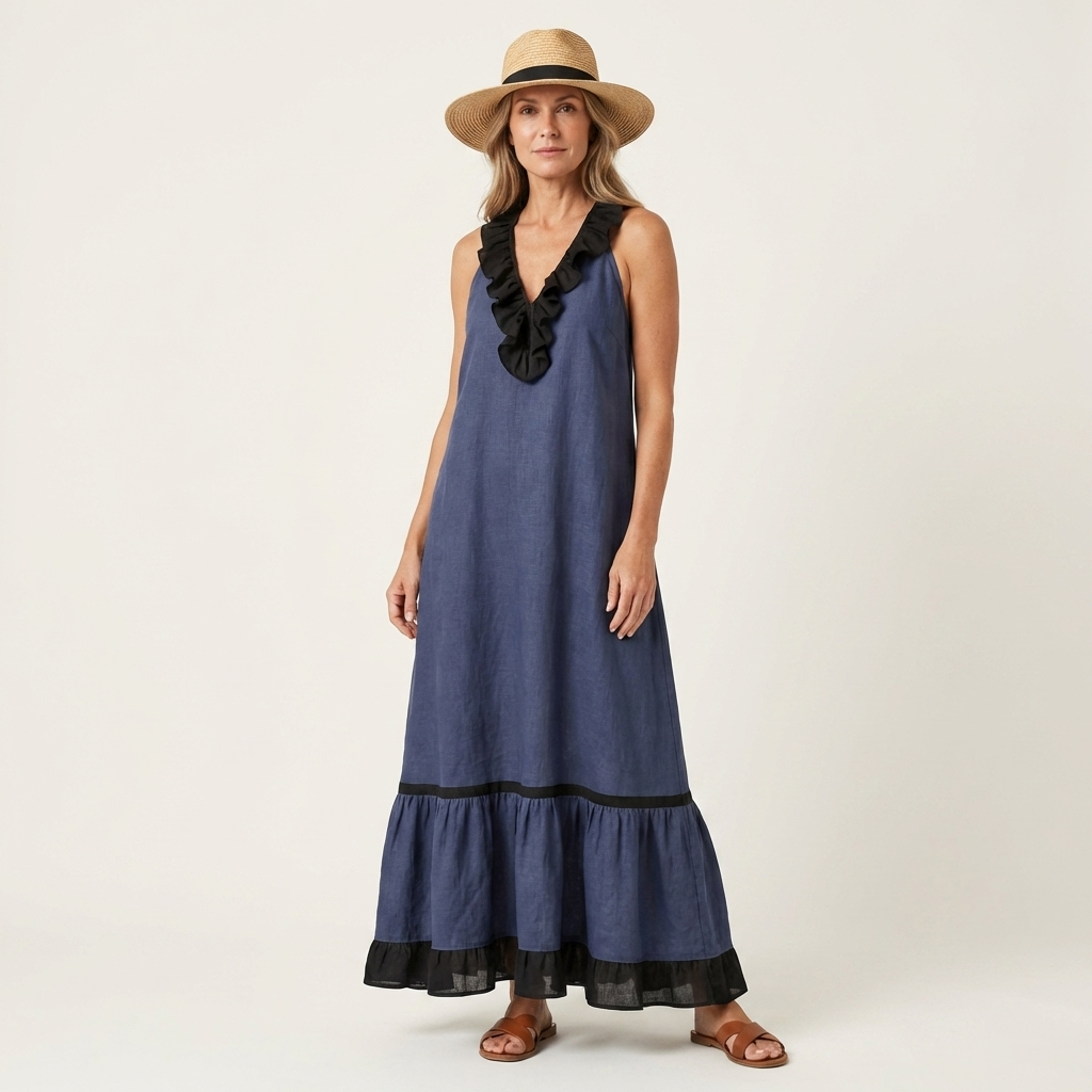 Mayline | Robe Maxi Sans Manches à Col Volanté et Liseré Contrastant