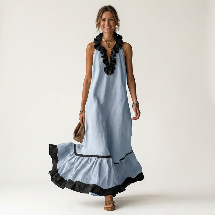 Mayline | Robe Maxi Sans Manches à Col Volanté et Liseré Contrastant
