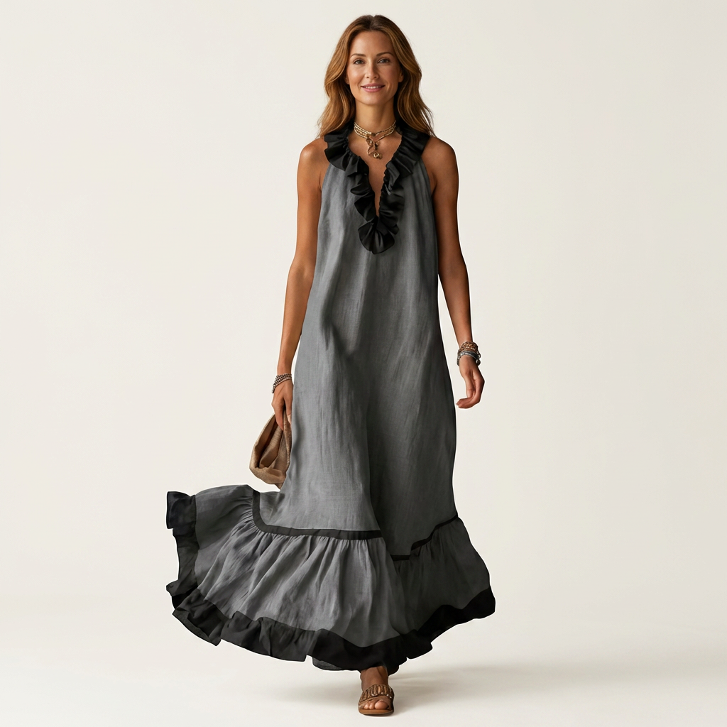 Mayline | Robe Maxi Sans Manches à Col Volanté et Liseré Contrastant