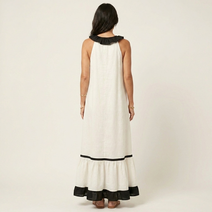 Mayline | Robe Maxi Sans Manches à Col Volanté et Liseré Contrastant