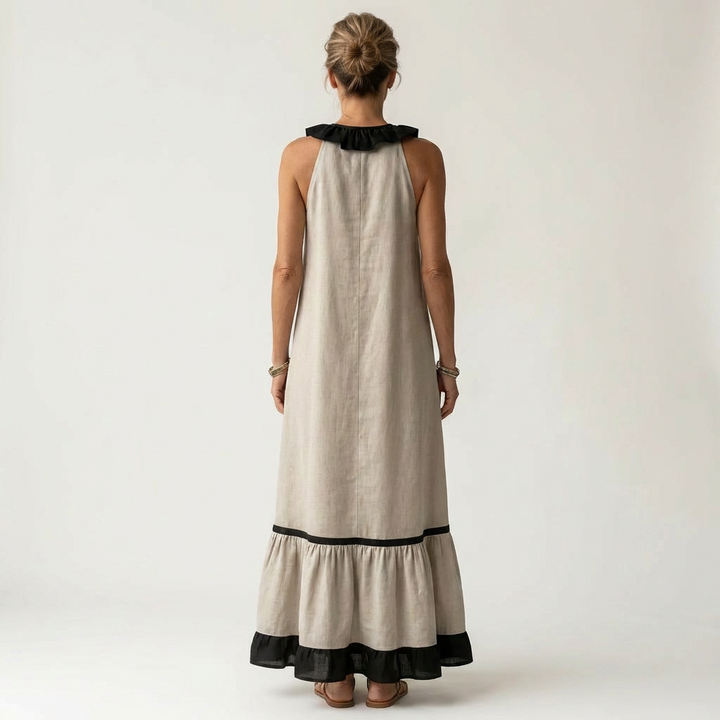 Mayline | Robe Maxi Sans Manches à Col Volanté et Liseré Contrastant