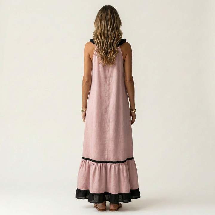 Mayline | Robe Maxi Sans Manches à Col Volanté et Liseré Contrastant
