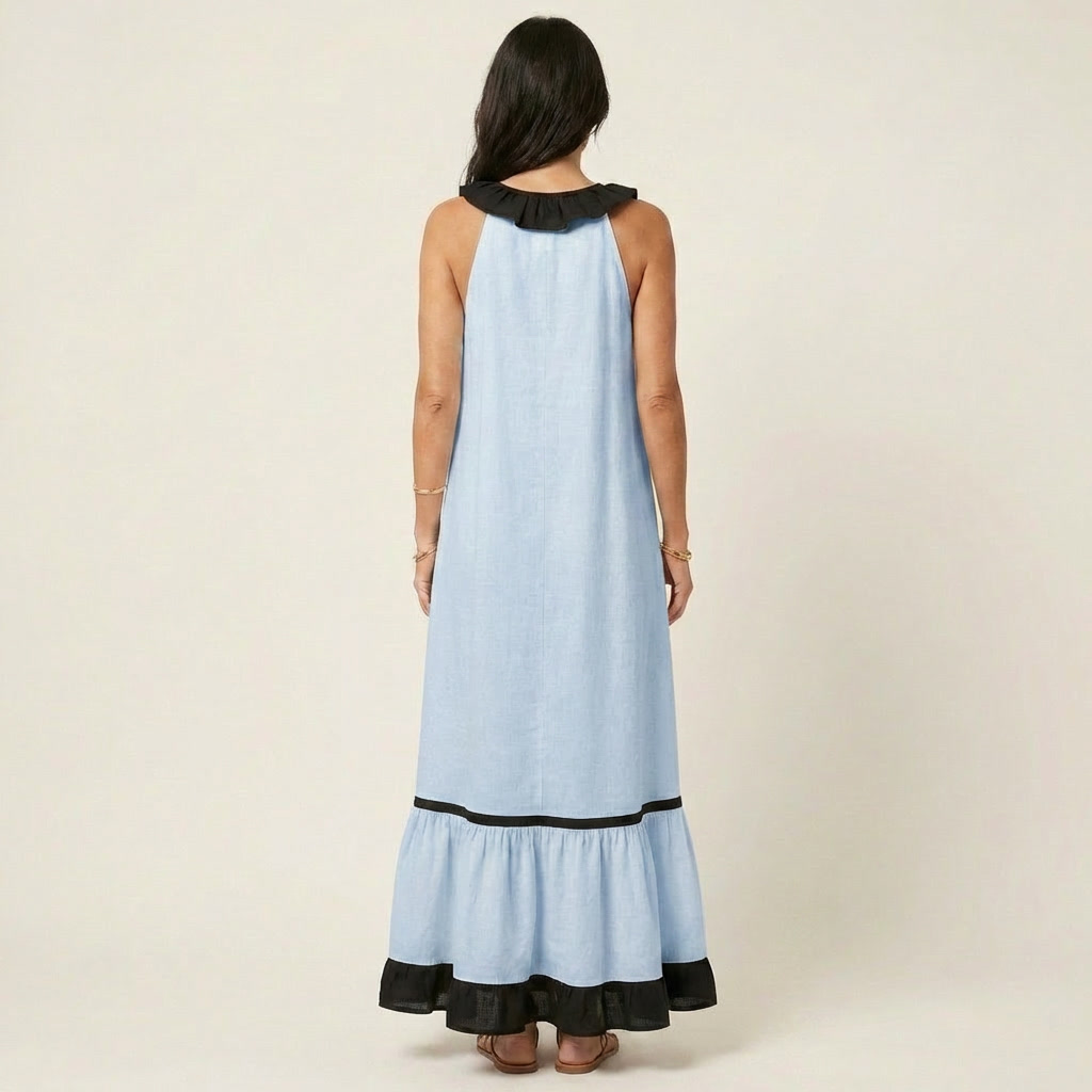 Mayline | Robe Maxi Sans Manches à Col Volanté et Liseré Contrastant