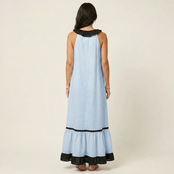 Mayline | Robe Maxi Sans Manches à Col Volanté et Liseré Contrastant