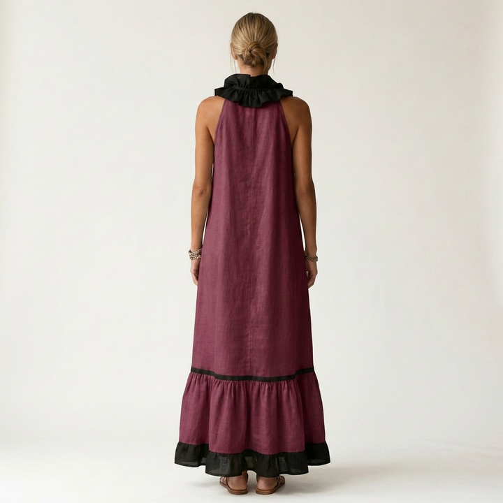Mayline | Robe Maxi Sans Manches à Col Volanté et Liseré Contrastant