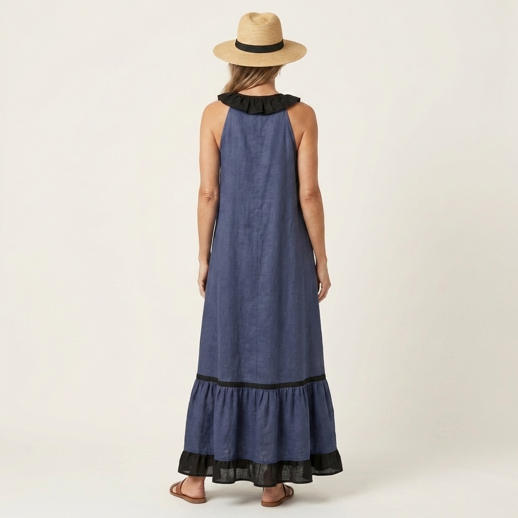 Mayline | Robe Maxi Sans Manches à Col Volanté et Liseré Contrastant