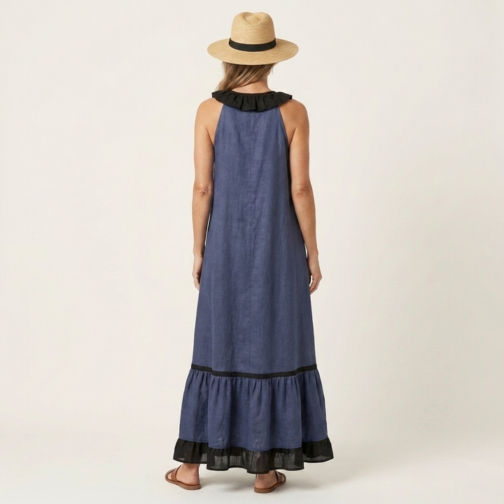 Mayline | Robe Maxi Sans Manches à Col Volanté et Liseré Contrastant
