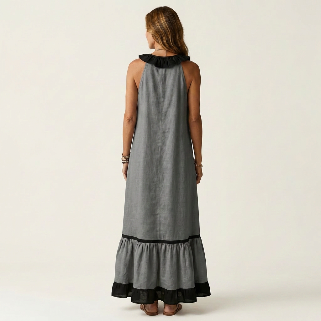 Mayline | Robe Maxi Sans Manches à Col Volanté et Liseré Contrastant