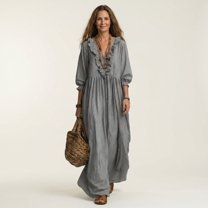 Yosetta | Robe Maxi Rayée à Volants, Col en V et Manches Lanterne