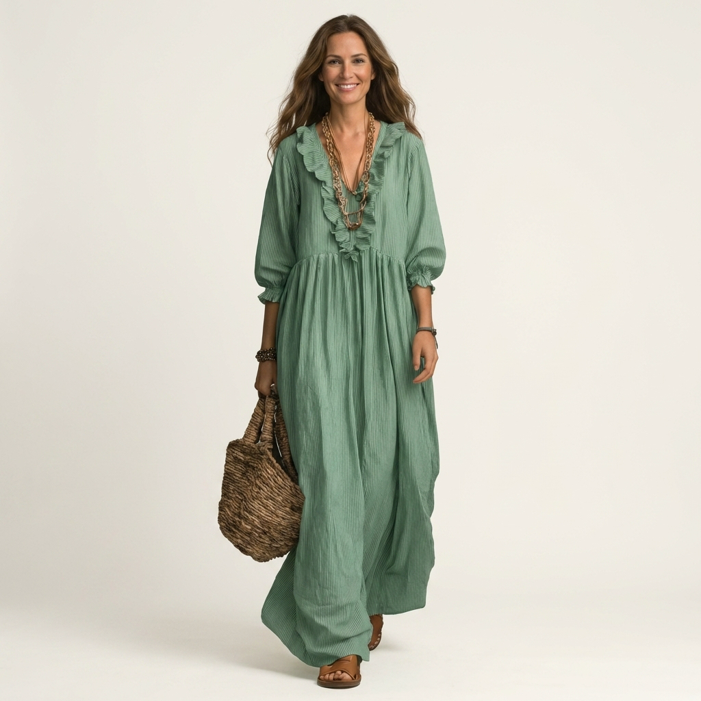 Yosetta | Robe Maxi Rayée à Volants, Col en V et Manches Lanterne