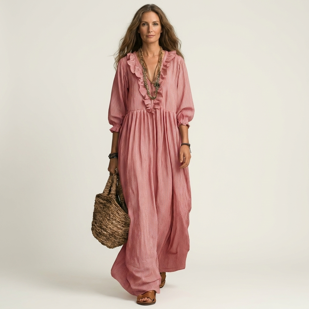 Yosetta | Robe Maxi Rayée à Volants, Col en V et Manches Lanterne