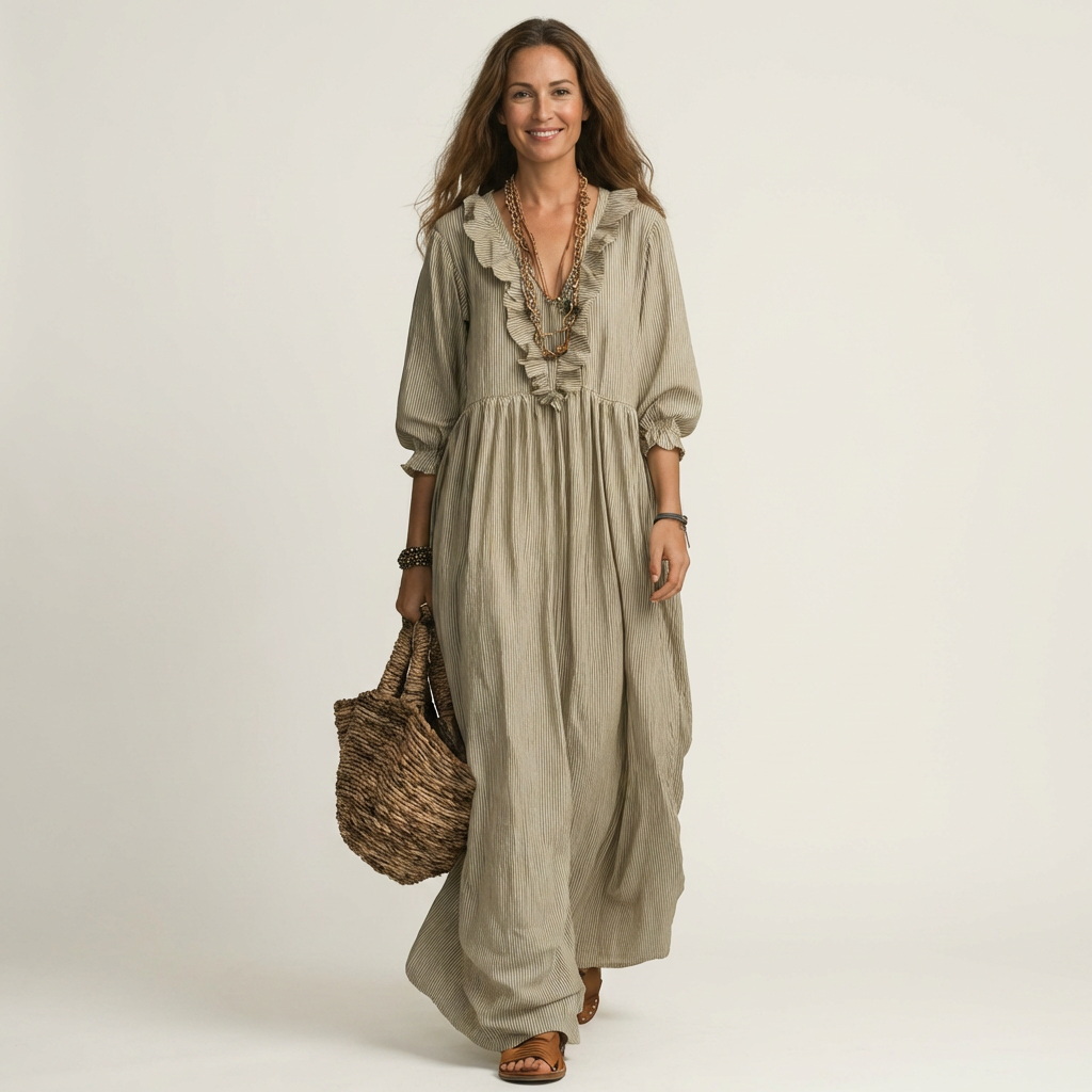 Yosetta | Robe Maxi Rayée à Volants, Col en V et Manches Lanterne