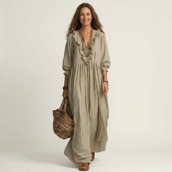 Yosetta | Robe Maxi Rayée à Volants, Col en V et Manches Lanterne