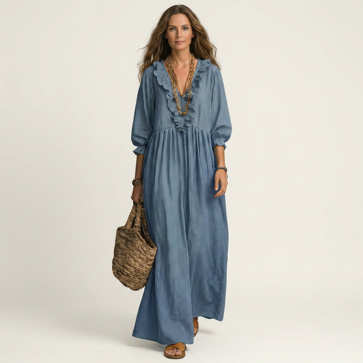 Yosetta | Robe Maxi Rayée à Volants, Col en V et Manches Lanterne