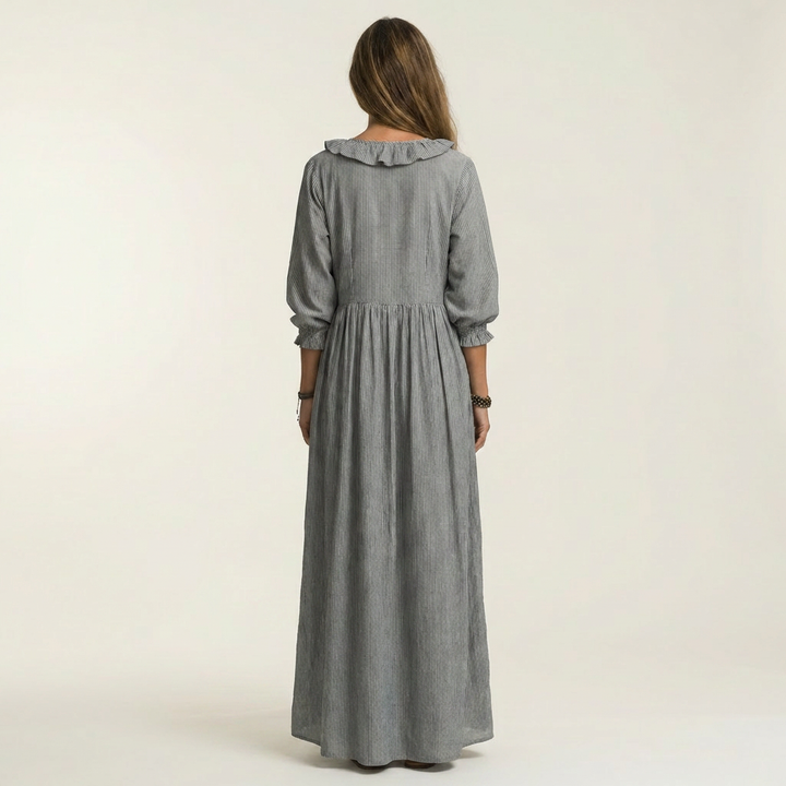 Yosetta | Robe Maxi Rayée à Volants, Col en V et Manches Lanterne
