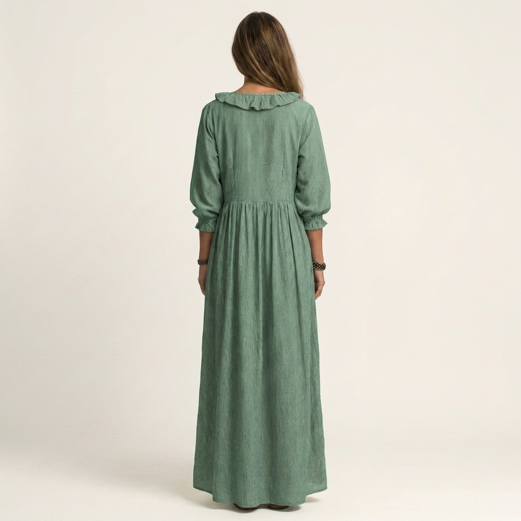 Yosetta | Robe Maxi Rayée à Volants, Col en V et Manches Lanterne