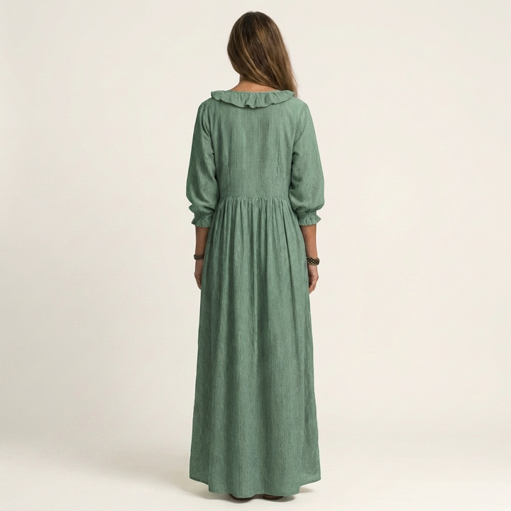 Yosetta | Robe Maxi Rayée à Volants, Col en V et Manches Lanterne