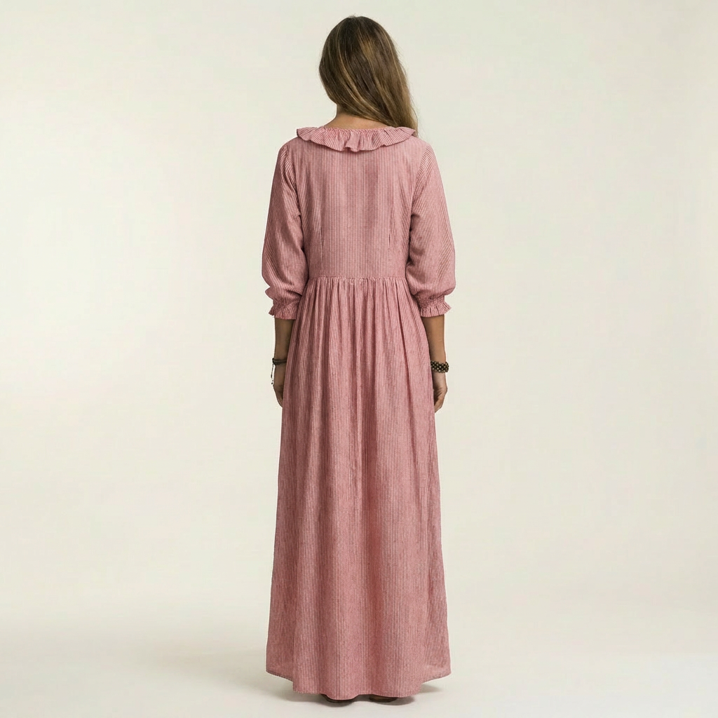 Yosetta | Robe Maxi Rayée à Volants, Col en V et Manches Lanterne