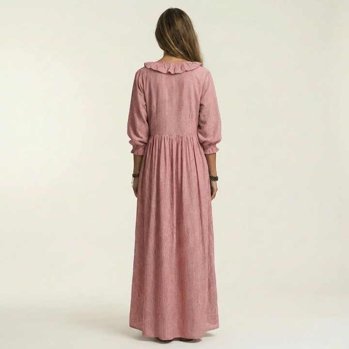 Yosetta | Robe Maxi Rayée à Volants, Col en V et Manches Lanterne