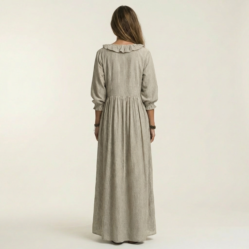 Yosetta | Robe Maxi Rayée à Volants, Col en V et Manches Lanterne