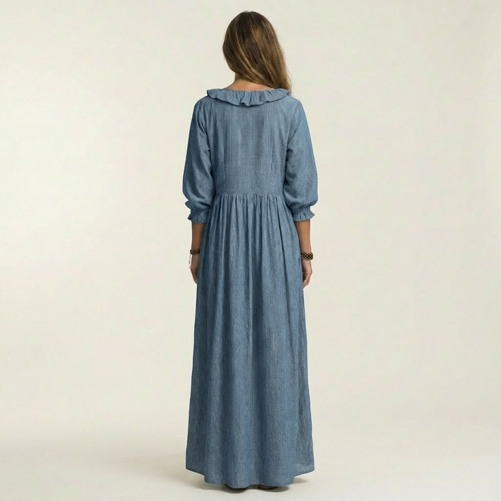 Yosetta | Robe Maxi Rayée à Volants, Col en V et Manches Lanterne