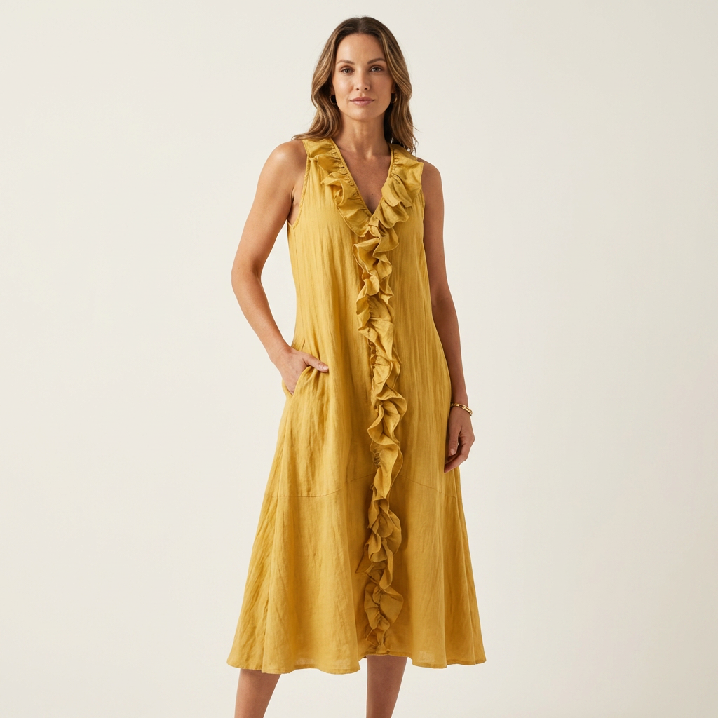 Vicky | Robe Maxi en Lin à Volants, Col en V, Sans Manches