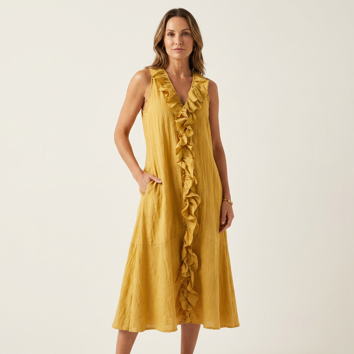 Vicky | Robe Maxi en Lin à Volants, Col en V, Sans Manches