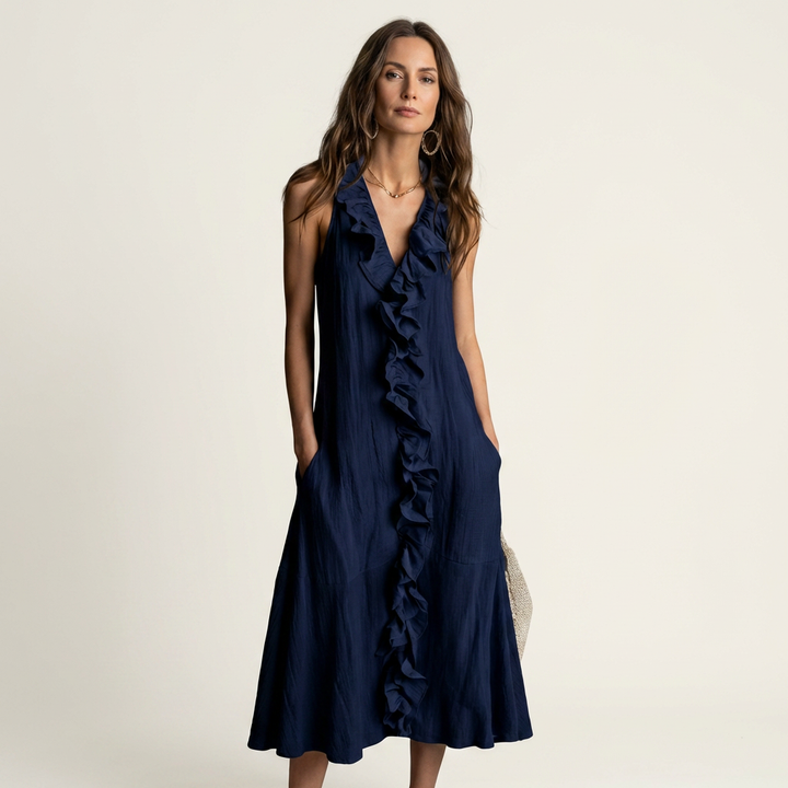 Vicky | Robe Maxi en Lin à Volants, Col en V, Sans Manches