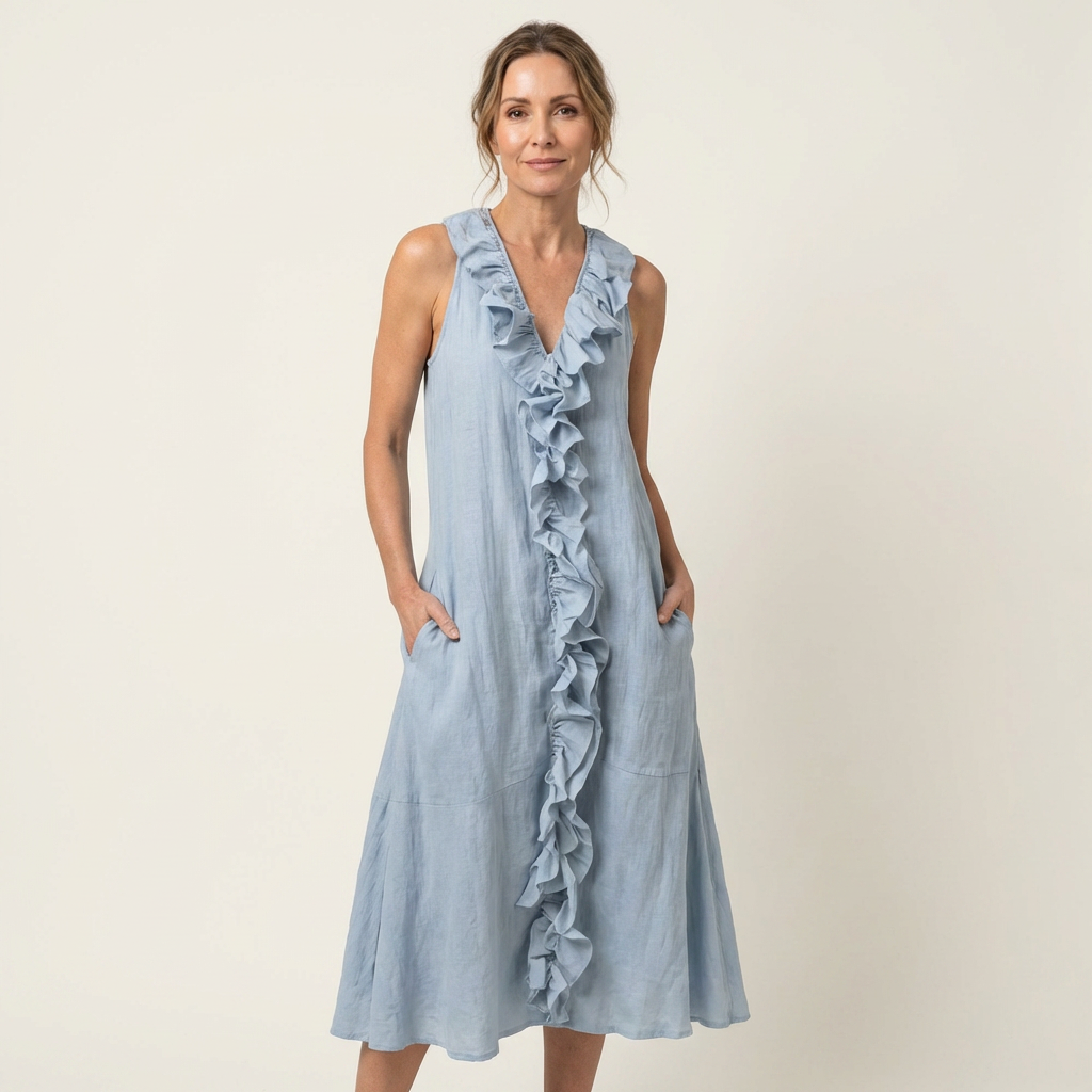 Vicky | Robe Maxi en Lin à Volants, Col en V, Sans Manches