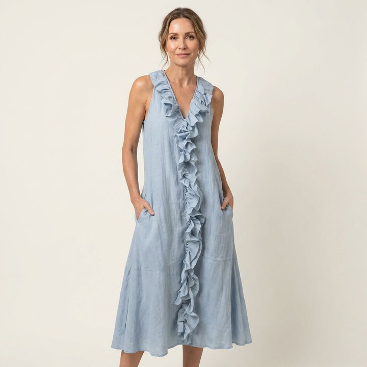 Vicky | Robe Maxi en Lin à Volants, Col en V, Sans Manches