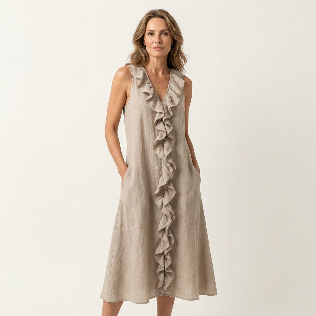 Vicky | Robe Maxi en Lin à Volants, Col en V, Sans Manches