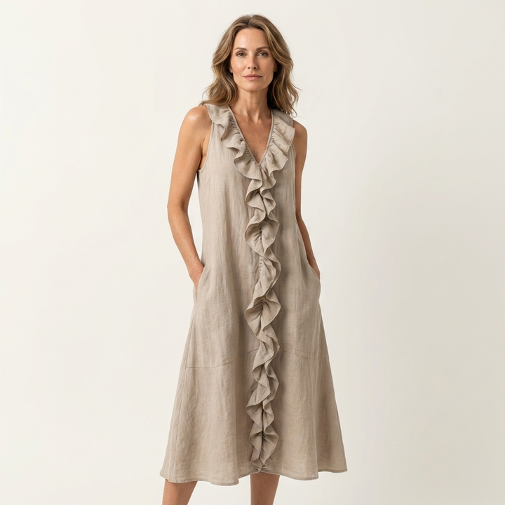 Vicky | Robe Maxi en Lin à Volants, Col en V, Sans Manches