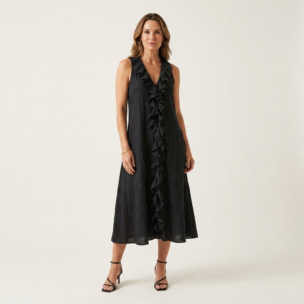 Vicky | Robe Maxi en Lin à Volants, Col en V, Sans Manches