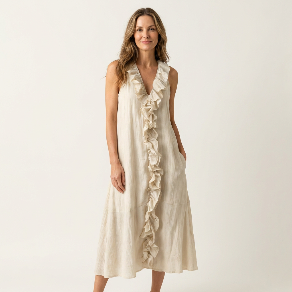 Vicky | Robe Maxi en Lin à Volants, Col en V, Sans Manches