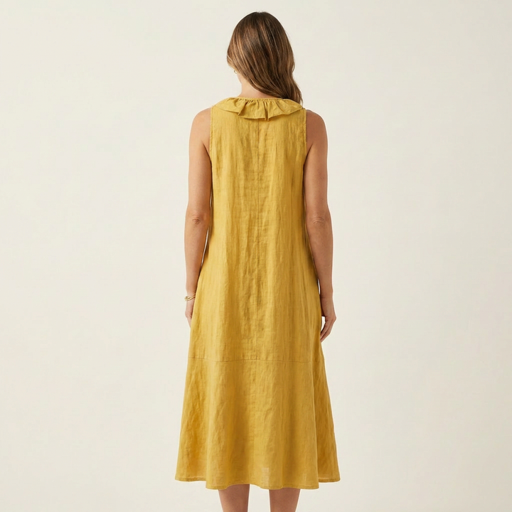 Vicky | Robe Maxi en Lin à Volants, Col en V, Sans Manches