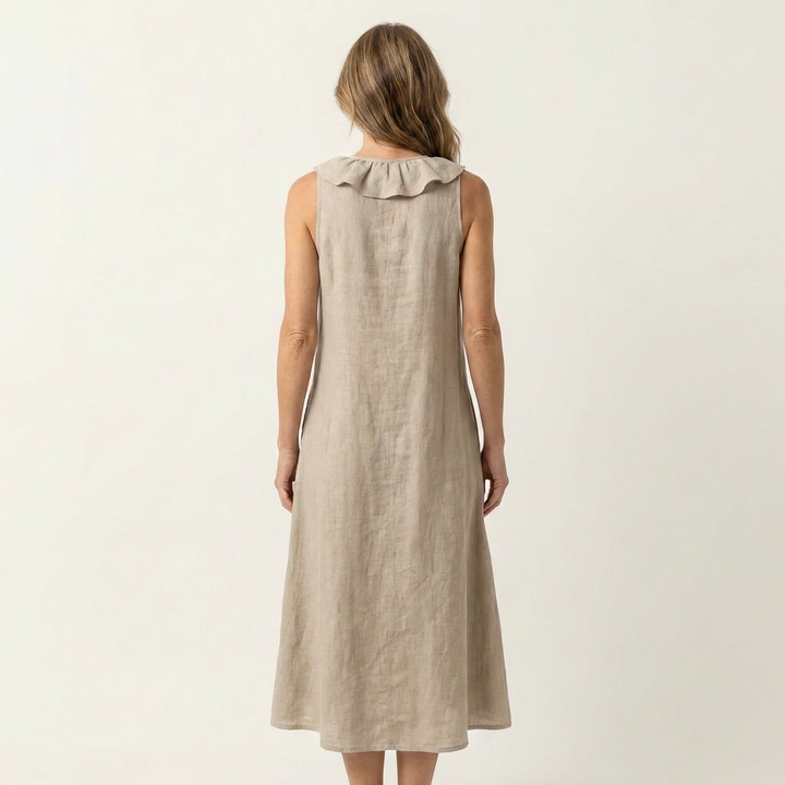 Vicky | Robe Maxi en Lin à Volants, Col en V, Sans Manches
