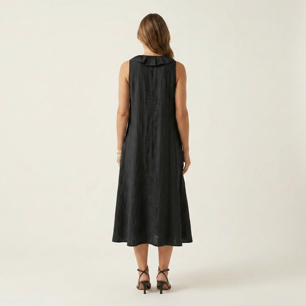 Vicky | Robe Maxi en Lin à Volants, Col en V, Sans Manches