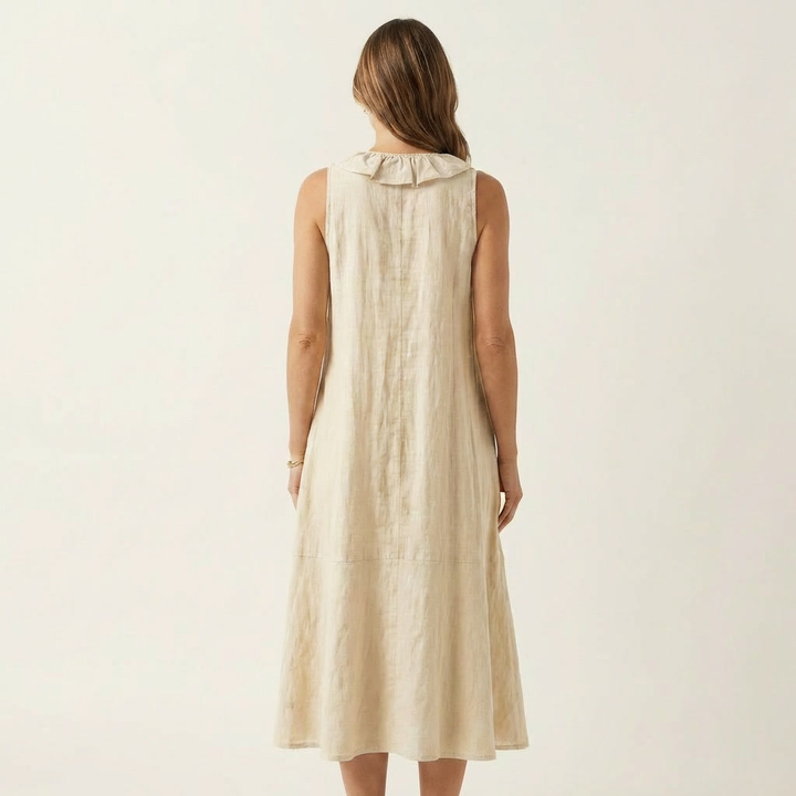 Vicky | Robe Maxi en Lin à Volants, Col en V, Sans Manches