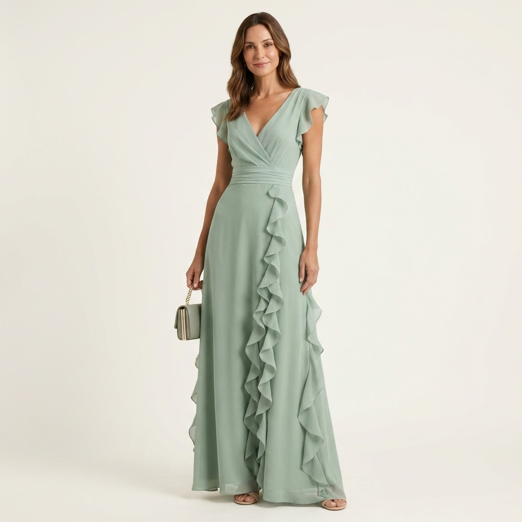 Nellyana | Robe Maxi Cache-Cœur, Col en V, Manches Papillon et Volants Cascade