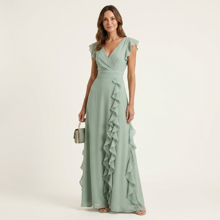Nellyana | Robe Maxi Cache-Cœur, Col en V, Manches Papillon et Volants Cascade