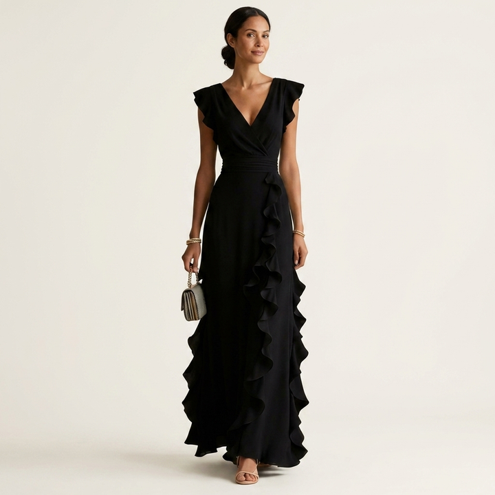 Nellyana | Robe Maxi Cache-Cœur, Col en V, Manches Papillon et Volants Cascade