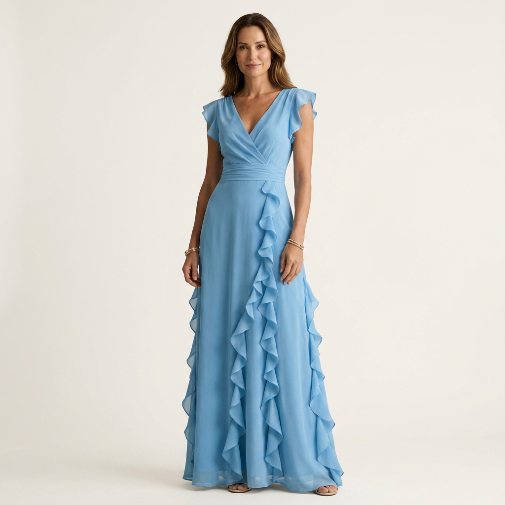 Nellyana | Robe Maxi Cache-Cœur, Col en V, Manches Papillon et Volants Cascade