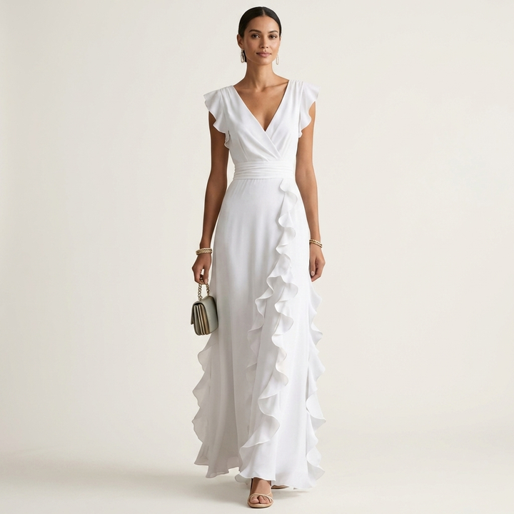 Nellyana | Robe Maxi Cache-Cœur, Col en V, Manches Papillon et Volants Cascade