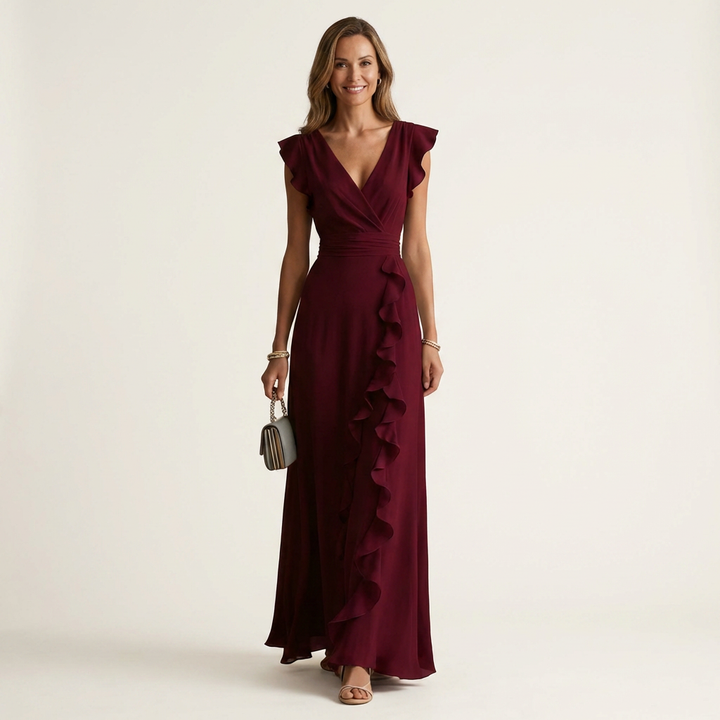 Nellyana | Robe Maxi Cache-Cœur, Col en V, Manches Papillon et Volants Cascade