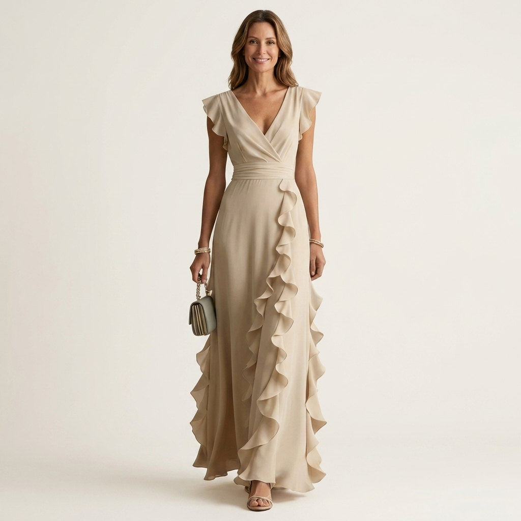 Nellyana | Robe Maxi Cache-Cœur, Col en V, Manches Papillon et Volants Cascade