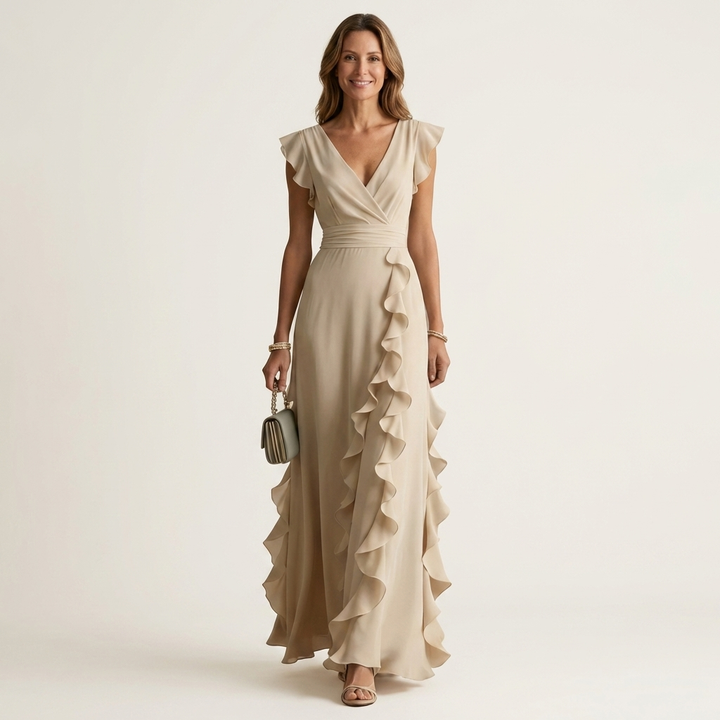 Nellyana | Robe Maxi Cache-Cœur, Col en V, Manches Papillon et Volants Cascade