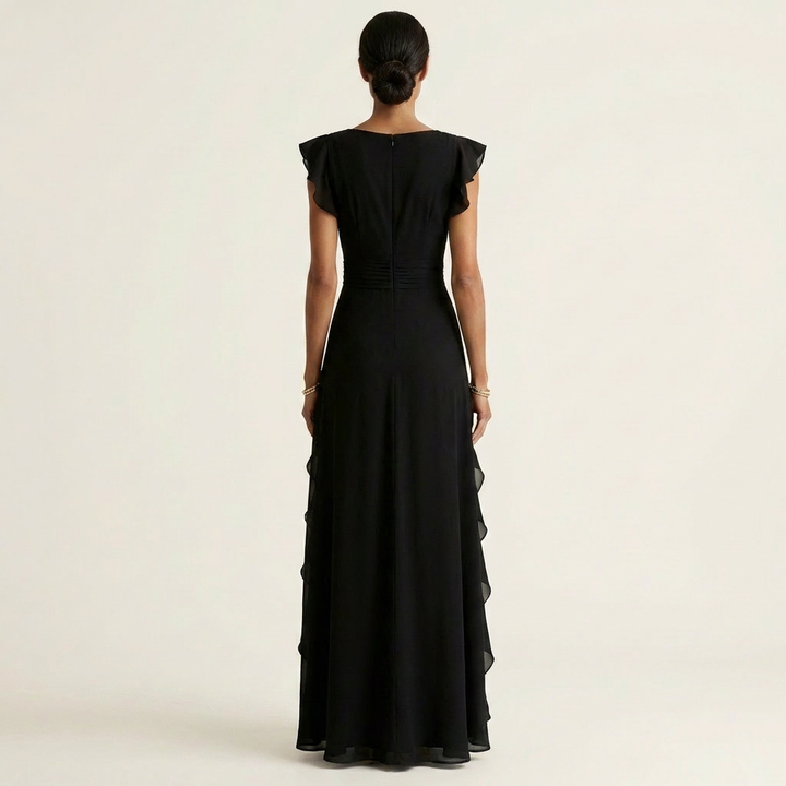 Nellyana | Robe Maxi Cache-Cœur, Col en V, Manches Papillon et Volants Cascade