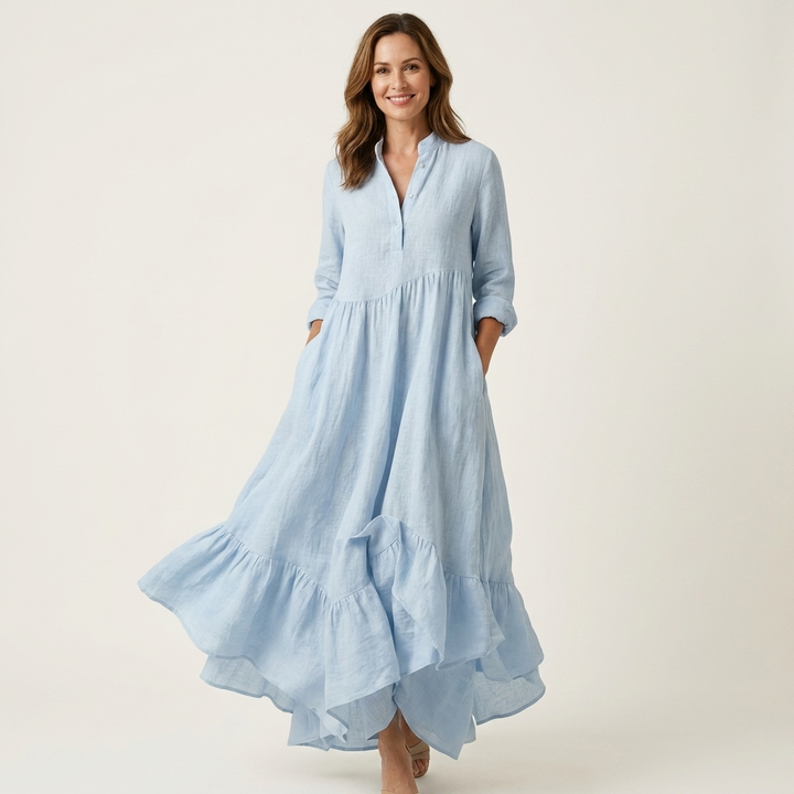 Jilana | Robe Maxi Col Montant, Boutonnée, à Ourlet Volanté