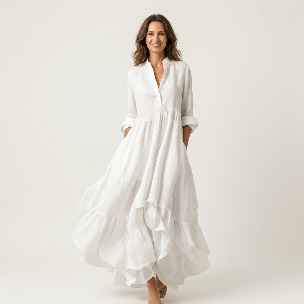 Jilana | Robe Maxi Col Montant, Boutonnée, à Ourlet Volanté