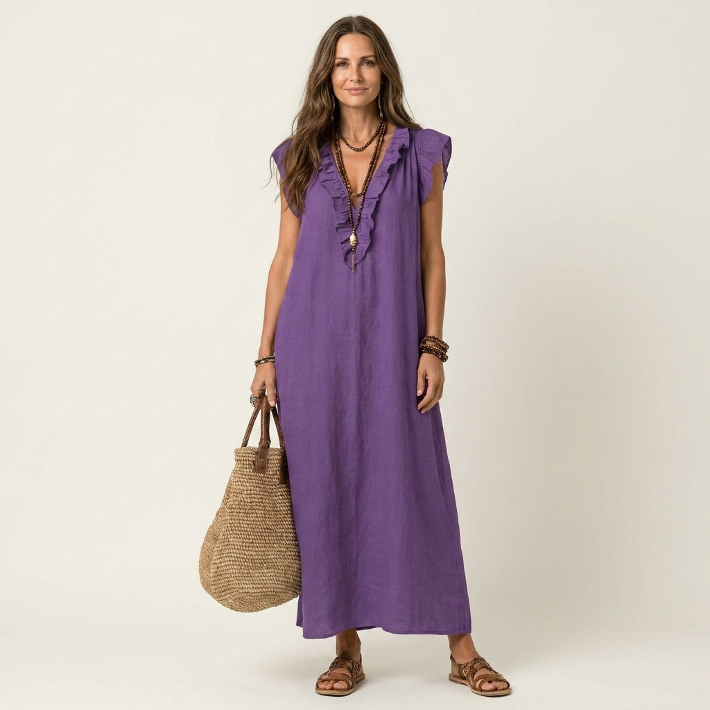 Josette | Robe Maxi en Lin à Volants et Col en V
